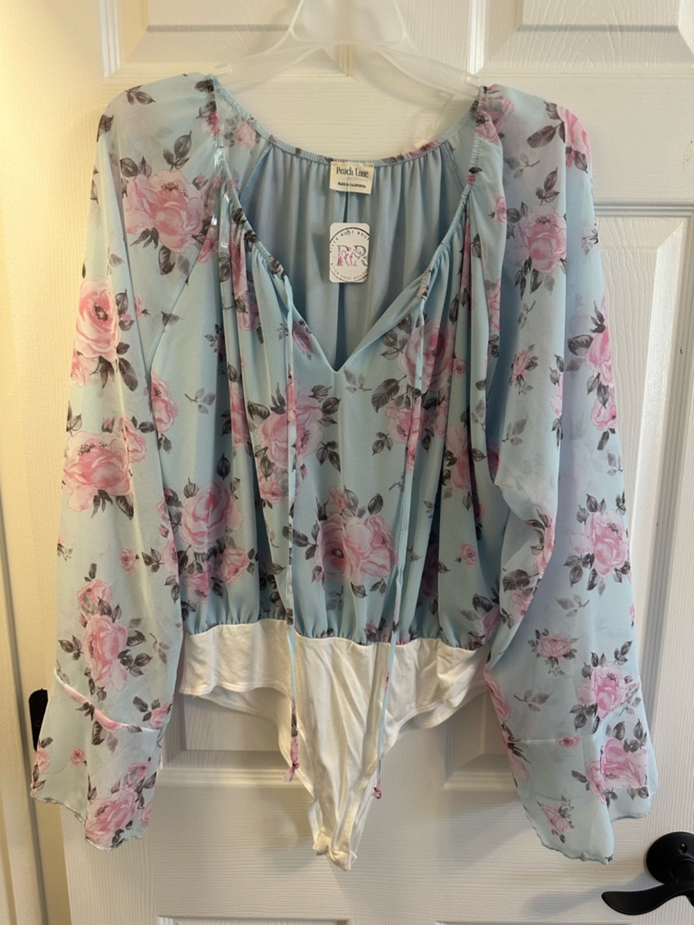Peach Love California Light Blue Floral Tie-Front Blouse